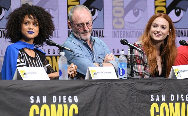 Nathalie Emmanuel, from left, Liam Cunningham, and Sophie Turner attend the Game of Thrones panel on day two of Comic-Con International on Friday, 21 July, 2017, in San Diego. Photo by AP Nathalie Emmanuel, from left, Liam Cunningham, and Sophie Turner attend the Game of Thrones panel on day two of Comic-Con International on Friday, 21 July, 2017, in San Diego. Photo by AP
